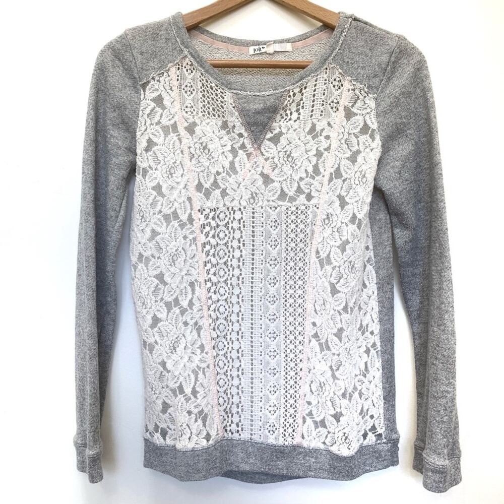 Jolt Sheer Lace Front Sweater Sz S Women's Top Long Sleeve Sweatshirt Gray Cream